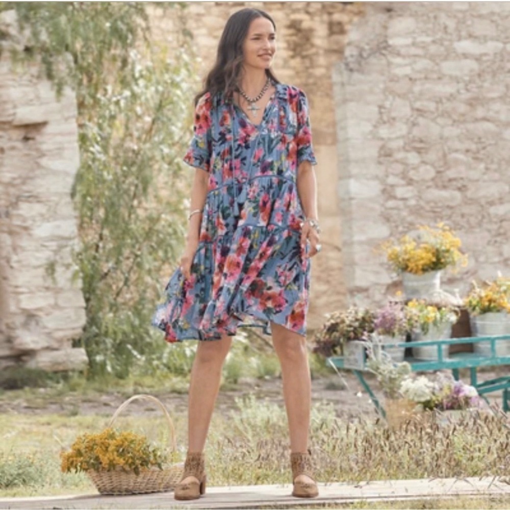 Sundance Blue Floral Cotton Gauze Tiered Mini Dress Tassel Boho Womens Large